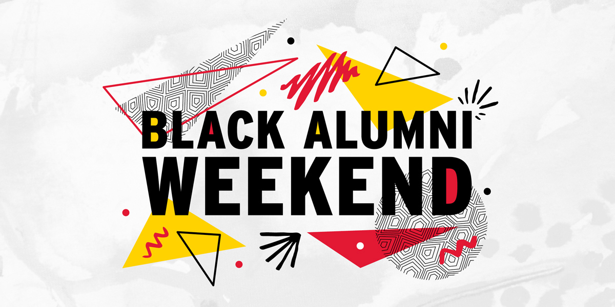 A colorful banner with an abstract design reading Black Alumni Weekend