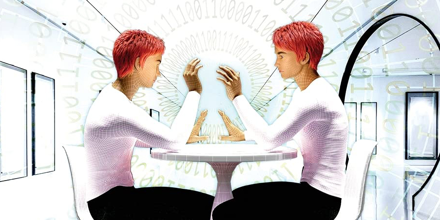 An illustration of twin teenage boys with short, bright red hair, wearing white shirts and black pants,raising their hands toward each other as they sit face to face at a table in a white room.