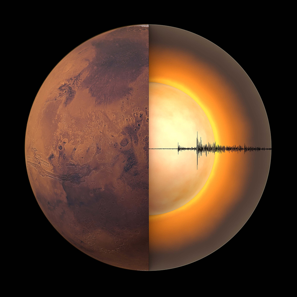 An illustration showing a cutaway of Mars with its core visible. Chris Bickel/Science, Data: InSight Mars SEIS Data Service/AAAS