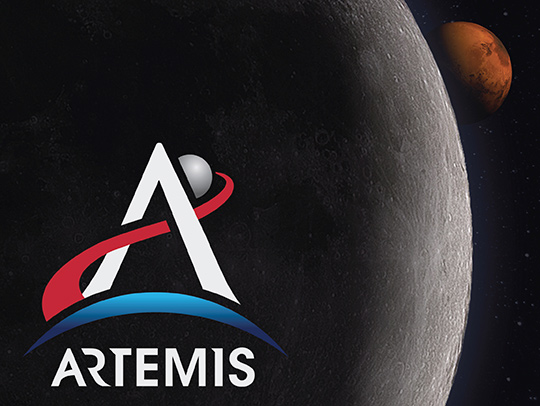 The NASA Artemis mission logo in front of the moon. MArs is in the background.