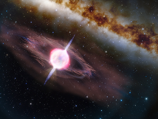 An illustration of deep space showing two gamma ray jets, which appear as spikes of white light emerging from a bright pink collapsing star. Credit: International Gemini Observatory-J. da Silva.