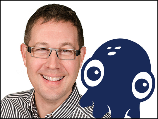 Dave Baggett with inky the octopus on his shoulder