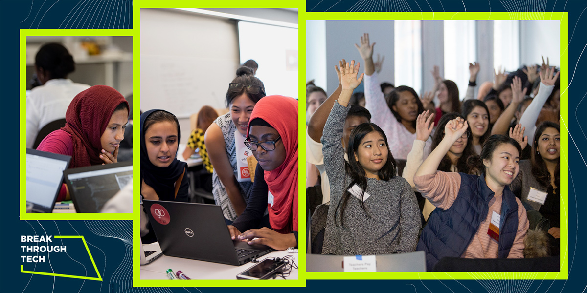 An image from Break Through Tech DC showing a diverse group of young women working on computers and attending a lecture.