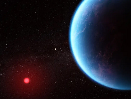 An illustration of exoplanet K12-18b, a bright, hazy blue globe with a distant red star. Credit: NASA-J. Olmsted.