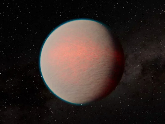 An artist's impression of a hazy sub-Neptune-sized planet with a warm glow recently observed with the James Webb Space Telescope. Credit: NASA, JPL-Caltech, R. Hurt, IPAC