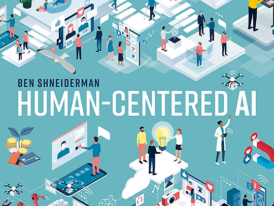 A crop of the cover of the book Human-Centered AI, showing a variety of little cartoon people interacting with artificial intelligence