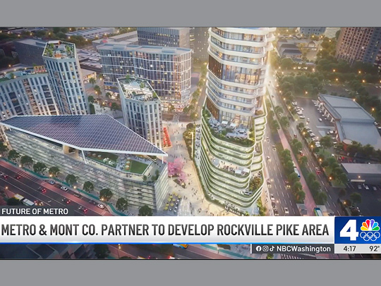 Screenshot from a news report showing a 3D rendering of the development near the Bethesda Metrorail station.