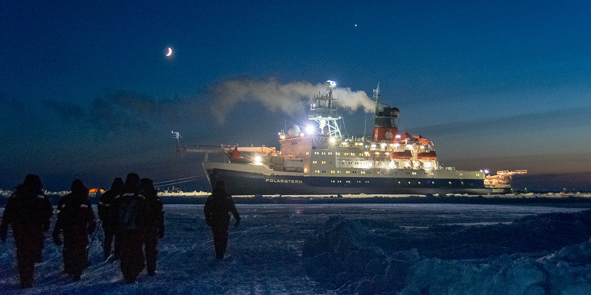 The research ship Polarstern at night in the Arctic ice