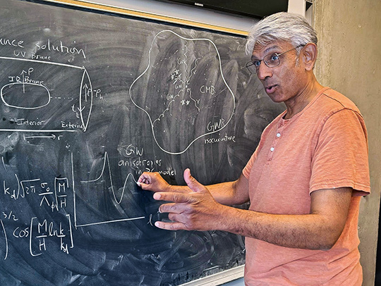 Professor Deepak Sundrum at a chalkboard filled with figures and equations. Credit: Deepak Sathyan