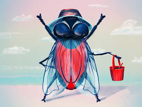 An illustration of a cheering fly wearing a sunhat and holding a sand pail. Credit: Katty Huertas-Washington Post