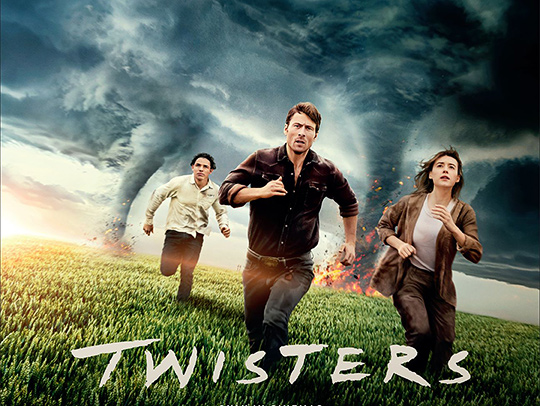 Movie poster for Twisters, showing 3 people running from two giant tornados. © Universal Pictures, Warner Bros. Pictures and Amblin Entertainment