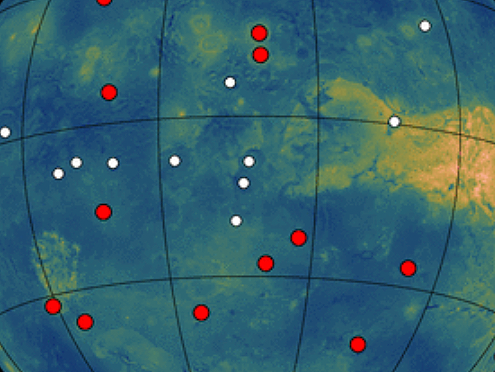 Section of a map showing active and inactive volcanic sites on Venus