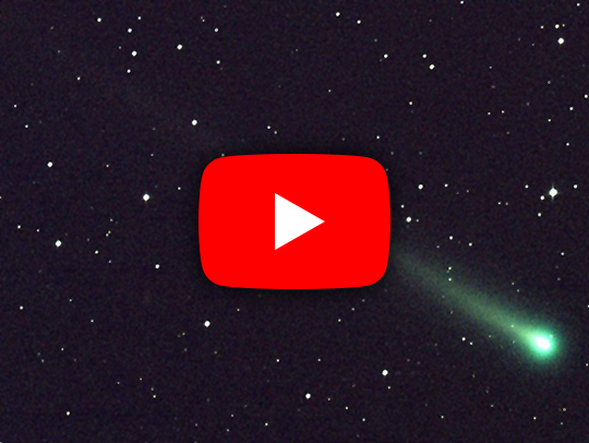 An image of space with the green comet streaking across it. This image is linked to the video of the TV segment.