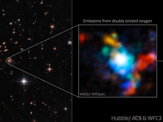 An image from the Webb Telescope composed of four narrow-band images combined, which appears as a blurred blotch of colors. It depicts an 'extremely red' quasar is highlighted in this image from the Hubble Space Telescope. The images in the center and on the right present new observations from the James Webb Space Telescope in multiple wavelengths to demonstrate the distribution of gas around the object. Credit: ESA/Webb, NASA & CSA, D. Wylezalek, A. Vayner & the Q3D Team, N. Zakamska.