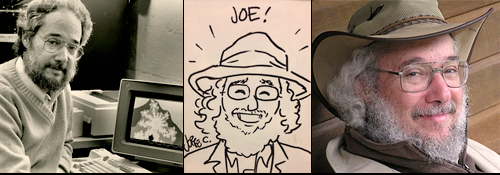 3 images of Joe Redish: One from the early 1980s in black and white, a cartoon drawing of him, and a more recent photo.