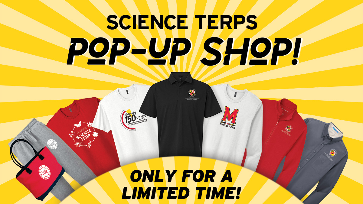 A brightly-colored image of an assorment of clothing and other items that have UMD branding