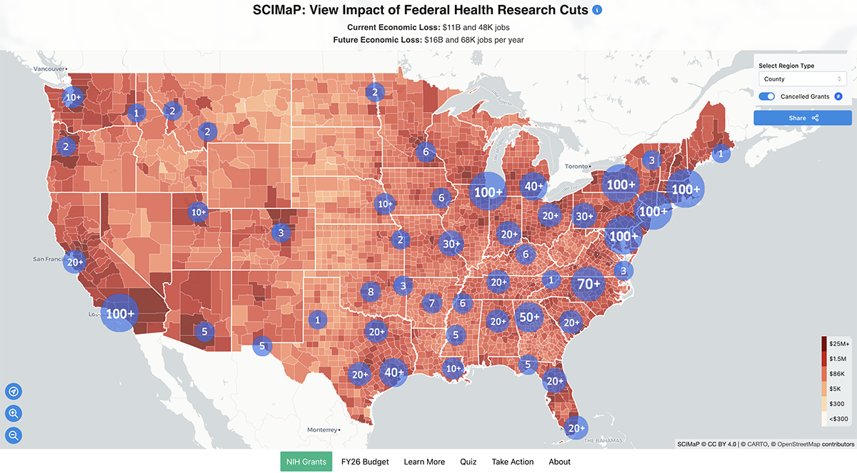 A map of the continental United States showing the number of canceled federal grants per state, current economic loss, and projected economic loss.