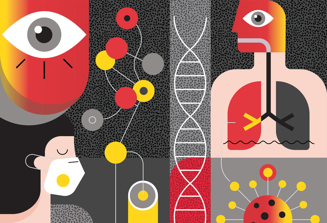 An illustration, in UMD colors, depicting blocky, stylized symbols of the pandemic: a contact tracing diagram, a woman wearing a mask, a strand of DNA, the covid-19 virus, and a gender-neutral person with one black lung and one red lung. Credit: Getty Images.