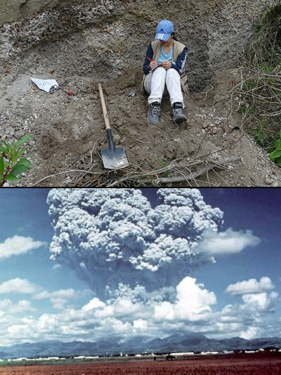 Two images. Top: Silvia Castilla conducting research at Cerro Machin. Bottom: USGS photo of the Pinatubo ashcloud from teh 1981 eruption.