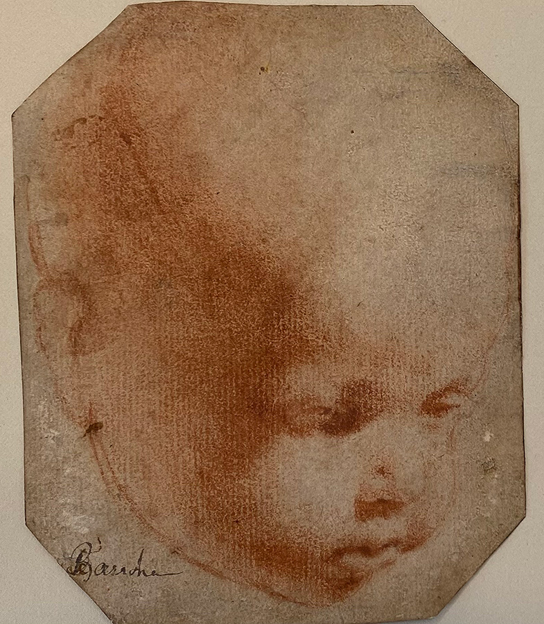 A Renaissance-era red-ochre conte crayon draying of an infant's head