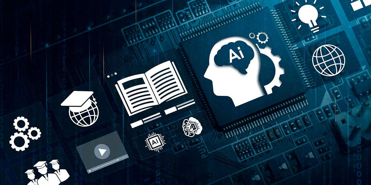 A stock image of circuits in deep shades of blue with white icons suggestive of artificial intelligence. Credit: iStock.
