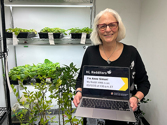 Anne Simon holding a laptop whose screen is announcing her Reddit AMA session. Behind her are metal racks containing sprouting citrus plants and saplings. Credit: Katie Bemb Anne Simon holding a laptop whose screen is announcing her Reddit AMA session. Behind her are metal racks containing sprouting citrus plants and saplings. Credit: Katie Bemb