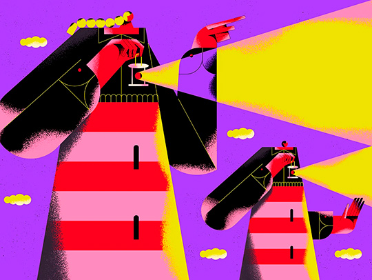A brightly-colored illustration showing anthropomorphic lighthouses dressed in academic regalia. Credit: Antonio Rodriguez