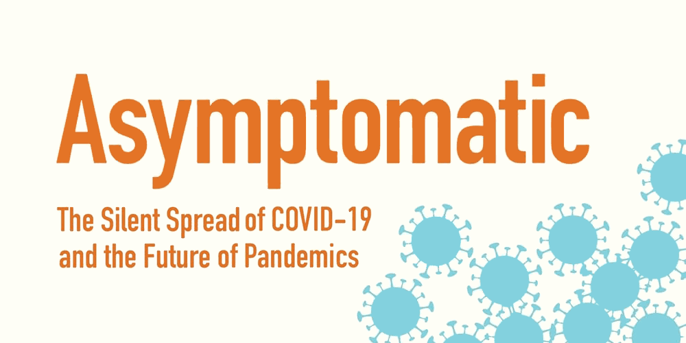 A crop of the cover of Joshua Weitz's book Asymptomatic. It has a cream-colored background, deep orange type, and simplified illustrations of covid in medium blue. Credit: Johns Hopkins University Press.