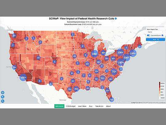 Screen capture from an app mapping research cuts across the continental U.S.