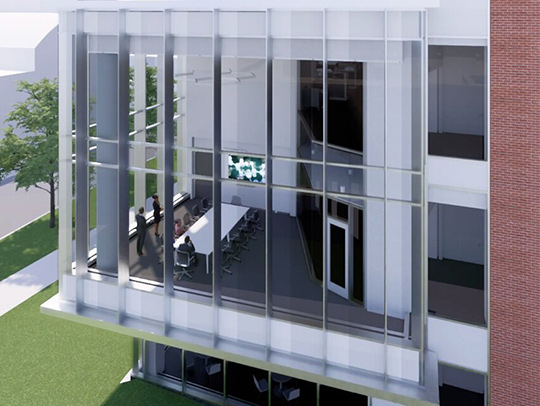 A 3D rendering of the space in the new chemistry building. It is a large room with glass walls on an upper floor on a corner of the building.