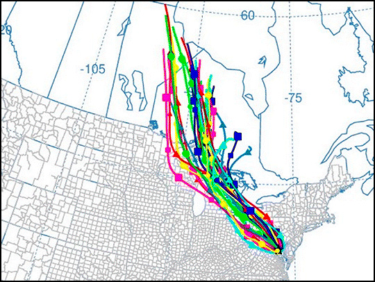A map showing the flow of chemical compounds in the atmosphere from Canada to College Park.