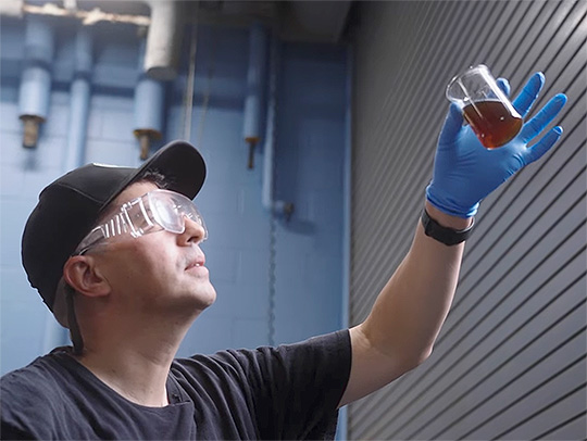 Tom Flores holds up a beer sample to the light in the fermentation lab.