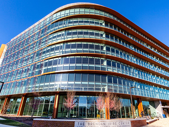 A view of the Iribe Center building as seen from the intersection and Paint Branch and Campus Drives. Credit: John T. Consoli