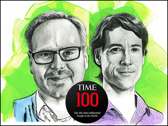 A TIME Magazine graphic of watercolor sketches of Adam Phillippy and Michael Schatz, with the 100 Most Influential People logo