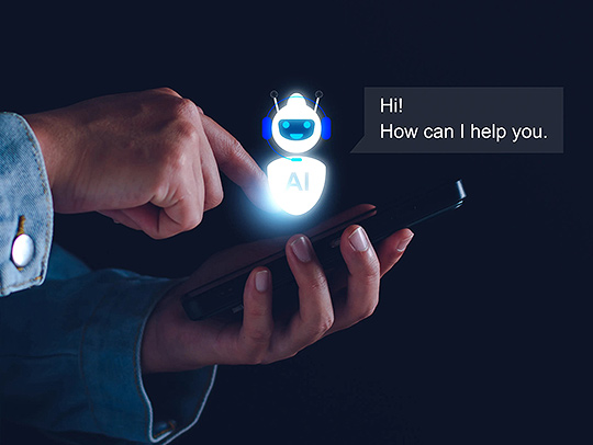 A hand holding a phone. Above the phone is a robot hoorgram saying Hello! How can I help you?