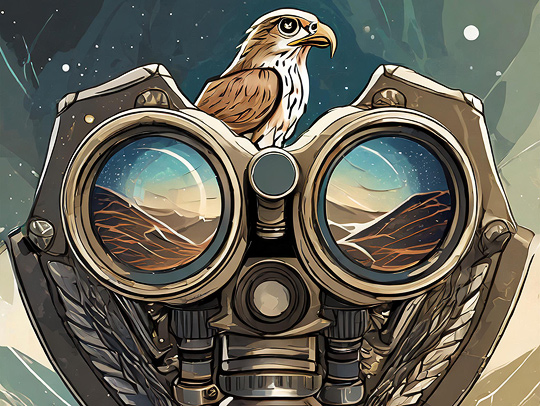 An illustration of a set of mounted binoculars with a small hawk or falcon sitting on it.