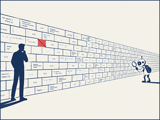 An illustration of a silhouetted person and a small robot examining a brick wall