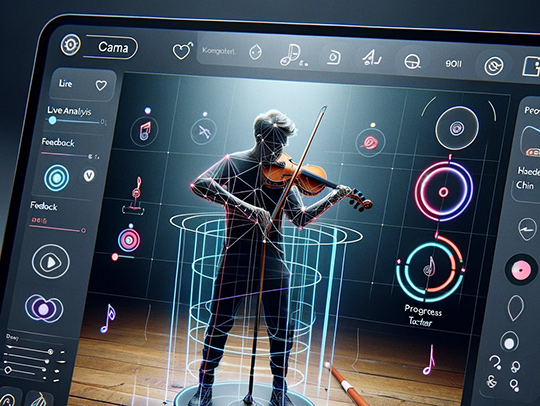 A conceptual image of a laptop running an application used to teach violin. At the center of the screen is a man playing a violin, standing in a spotlight on a darkened stage, overlaid with information about his movement. Image generated by DALL-E.