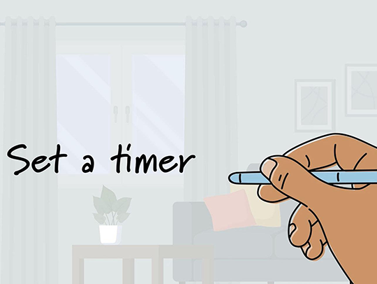 A cartoonish illustration showing a hand writing the words Set A Timer in the air. A living room is in the background.