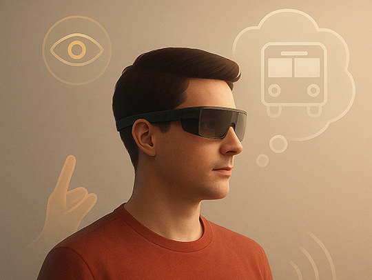 A young man wearing AR glasses