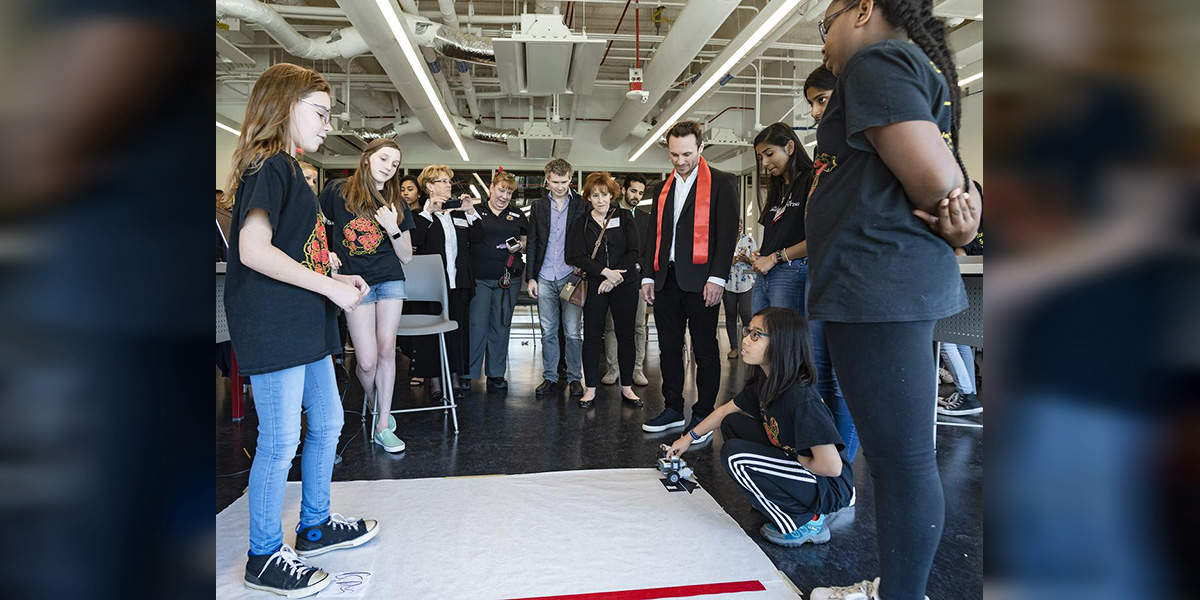 VIPs join faculty and students who are testing an autonomous vehicle in the Brendan Iribe Center VIPs join faculty and students who are testing an autonomous vehicle in the Brendan Iribe Center