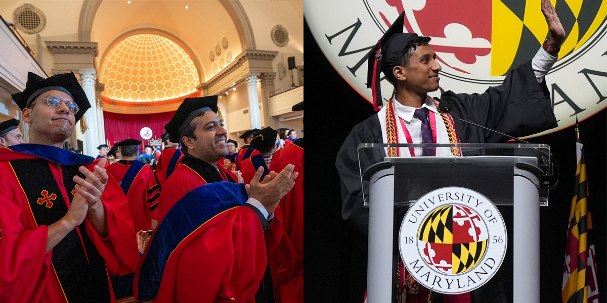 Two photos from graduation: Two regalia-clad Ph.D. graduates in the Memorial Chapel, and undergraduate student speaker Joshua Kalampanayil on stage. Credit: Mark Sherwood.