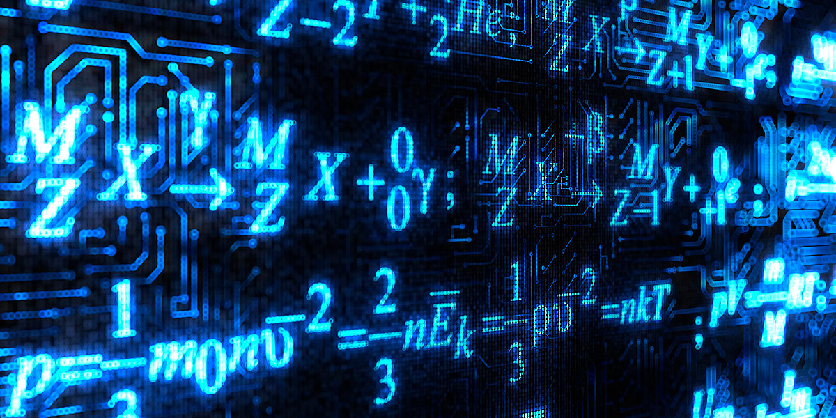 Complex equations in glowing blue tones