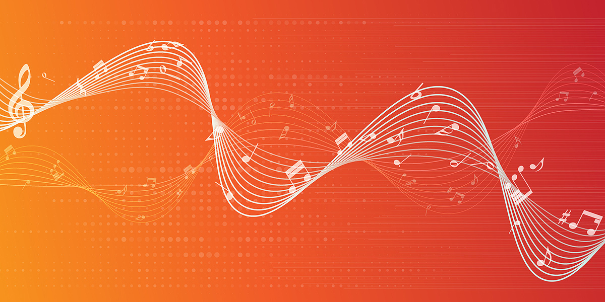 Bars of music twisting like a ribbon against an orange background. Credit: iStock.