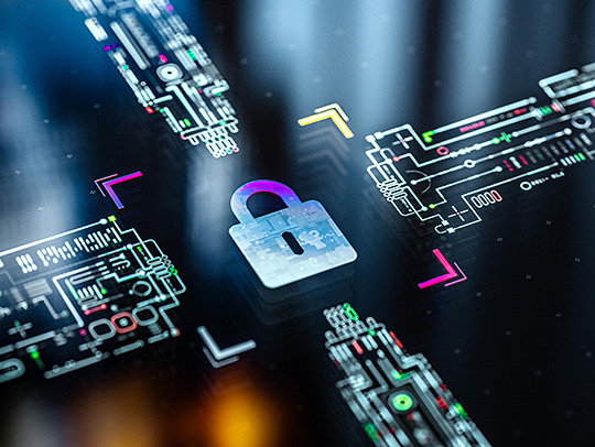 Futuristic artwork of a circuit board and lock