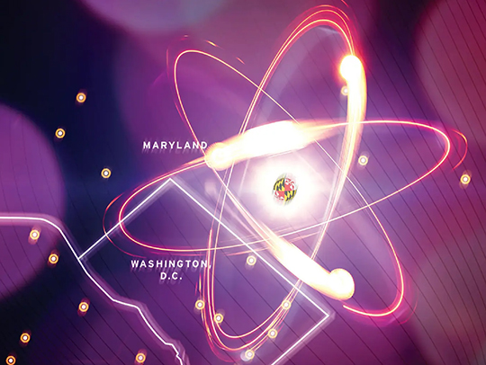 A futuristic, abstract map with streaks of light zooming in an atomic symbol.