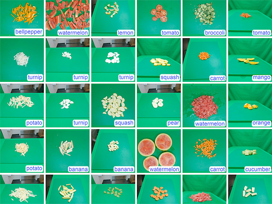 A grid of images used to create a dataset that teaches machine learning systems to recognize 20 different types of fruits and vegetables in various forms, such as peeled, sliced or chopped into pieces.