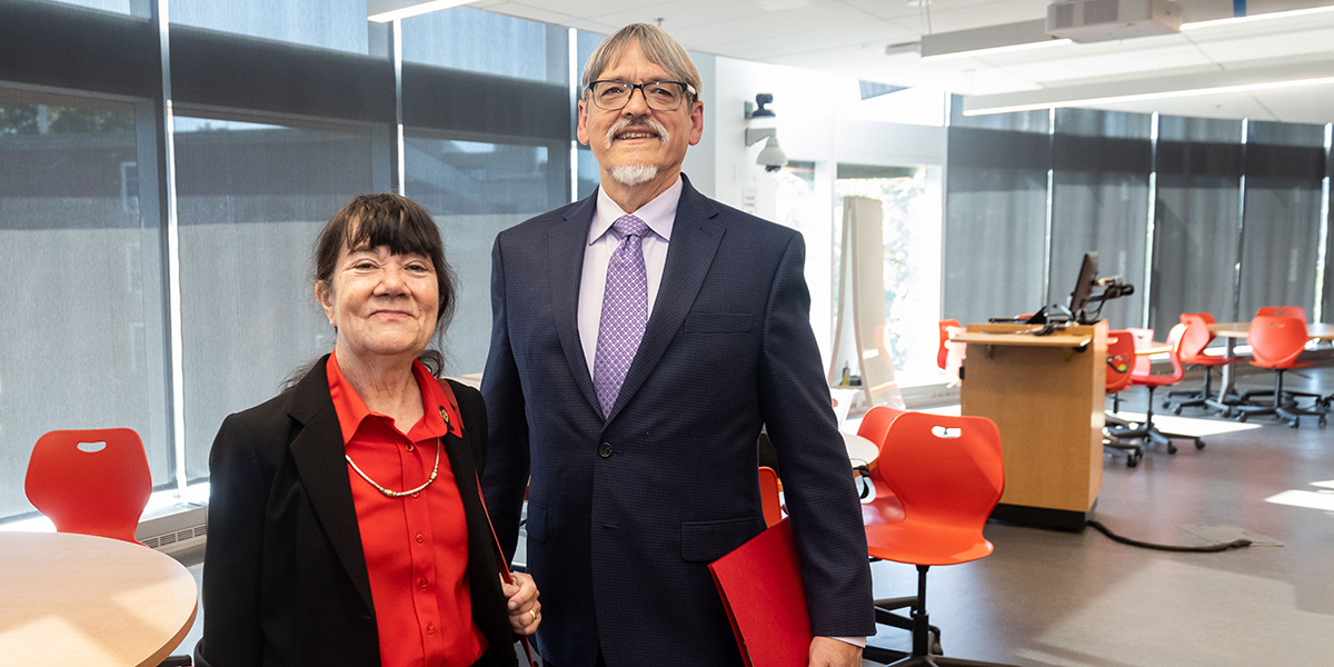 (L-R) Sharon and Craig Stanfill in one of the Iribe Center's enhanced classrooms. Credit: Stephanie Cordle