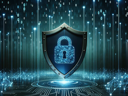 Stock art featuring a sheild with a padlock on it against a dark background with glowing ones and zeros