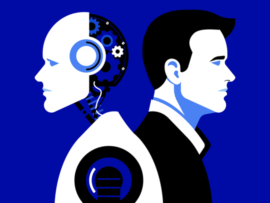 Stock art in flat shades of black, white, and royal blue showing a man tanding back to back with an android. Credit: iStock.